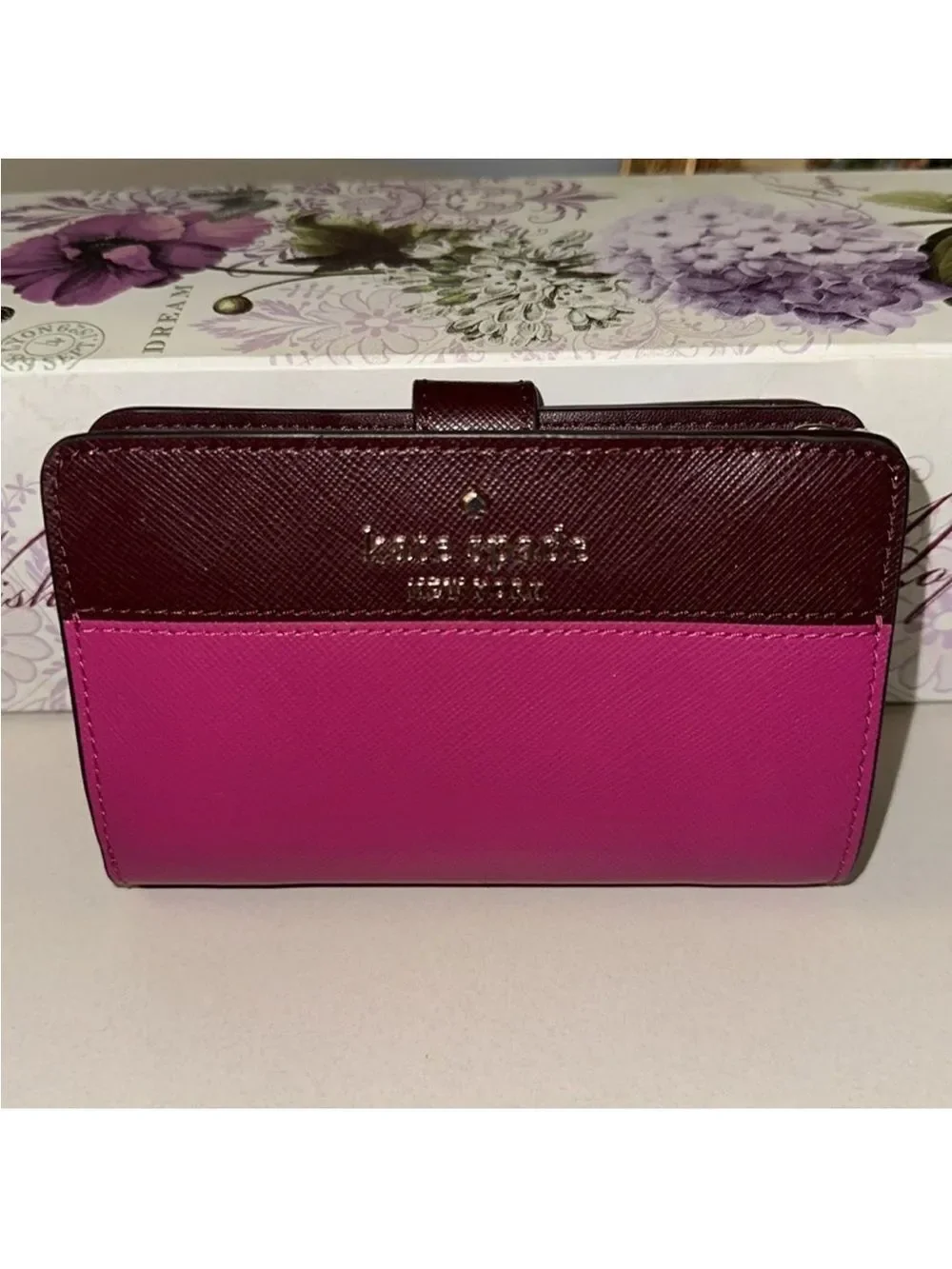 kate spade Fuchsia Pink Burgundy Two Tone Leather Madison Medium Bifold Wallet